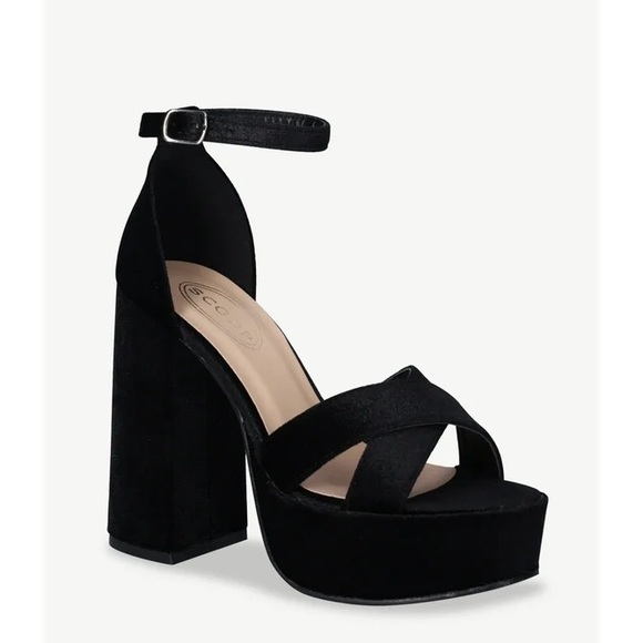 Scoop Black Velvet Platform Heeled Sandals - Picture 2 of 13